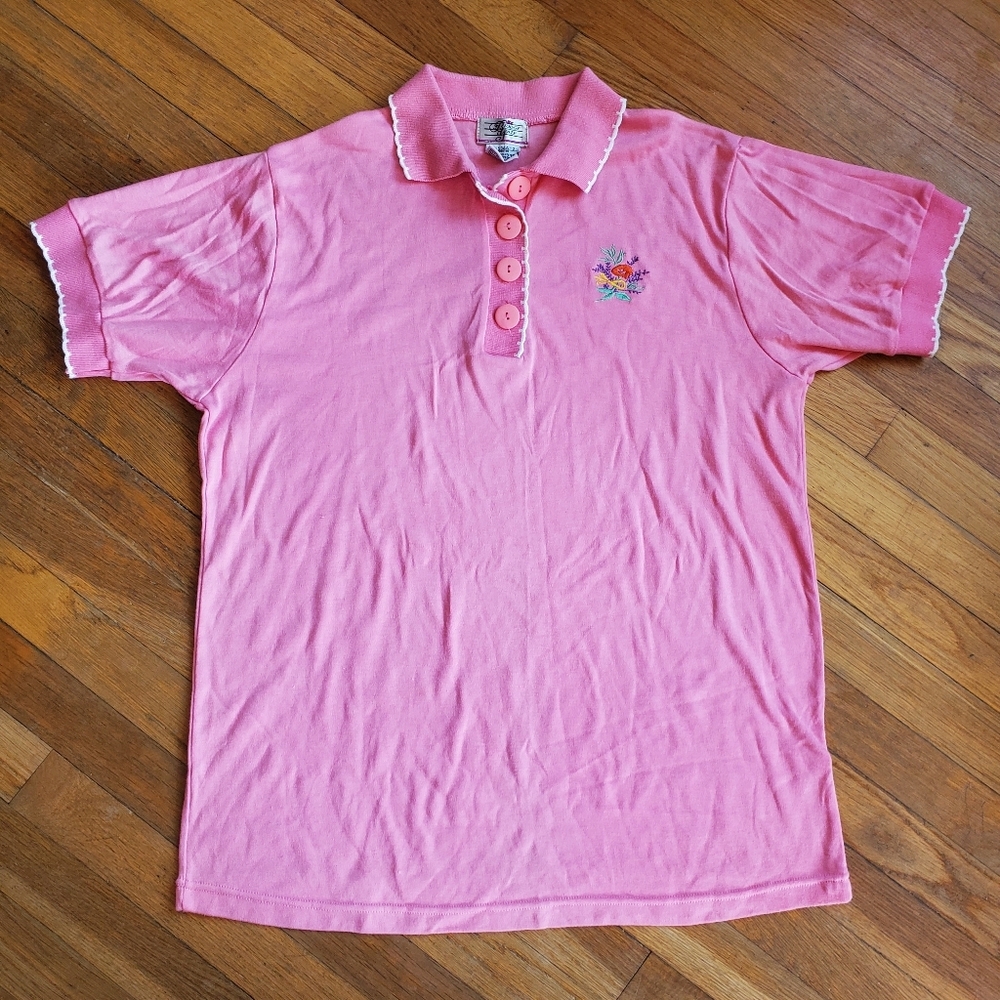 Vintage Bridge Gate pink polo floral‎ embroidered shirt size medium